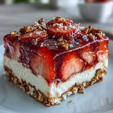 Sweet and salty Memorial Day Strawberry Pretzel Salad Dessert, a chilled, layered treat with vibrant fruit.