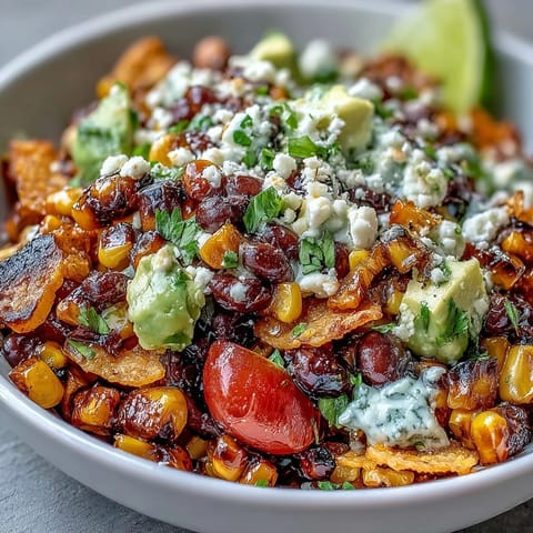 Vibrant grilled corn and black bean taco salad piled high with fresh, crisp ingredients.