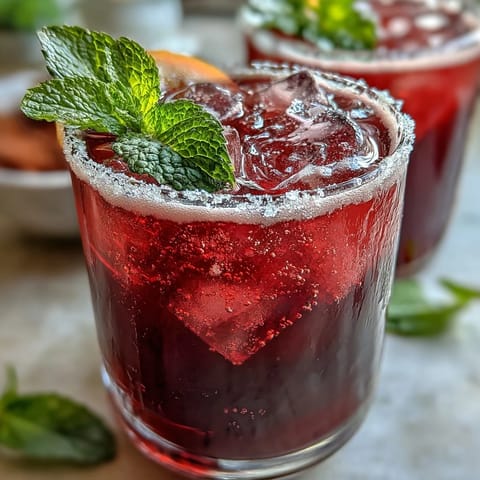 Sparkling Hibiscus Mint Lemonade Mocktail beautifully garnished, served chilled over ice.