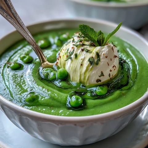 Vibrant spring pea soup with creamy whipped ricotta and refreshing mint oil.
