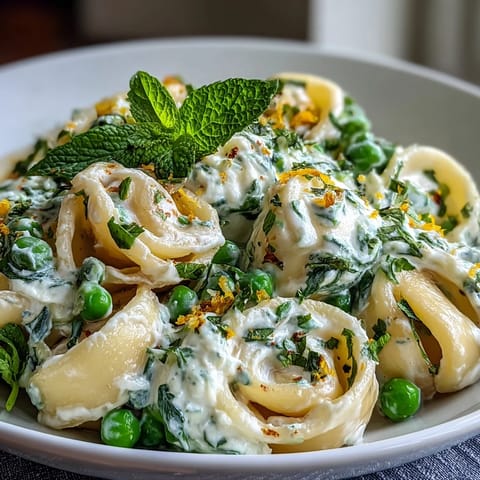 Close-up of lemon ricotta pasta with peas and mint, ready to be served.