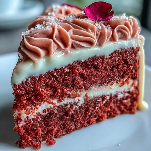 Elegant pink Rosé Velvet Cake with shimmering gold drip.