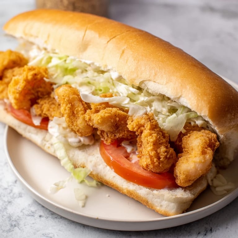 Delicious Shrimp Po Boy on a French roll ready to be devoured, served with lemon wedges.