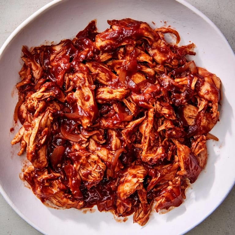 A close-up of tender, shredded BBQ pulled chicken, glistening with a rich, smoky barbecue sauce.