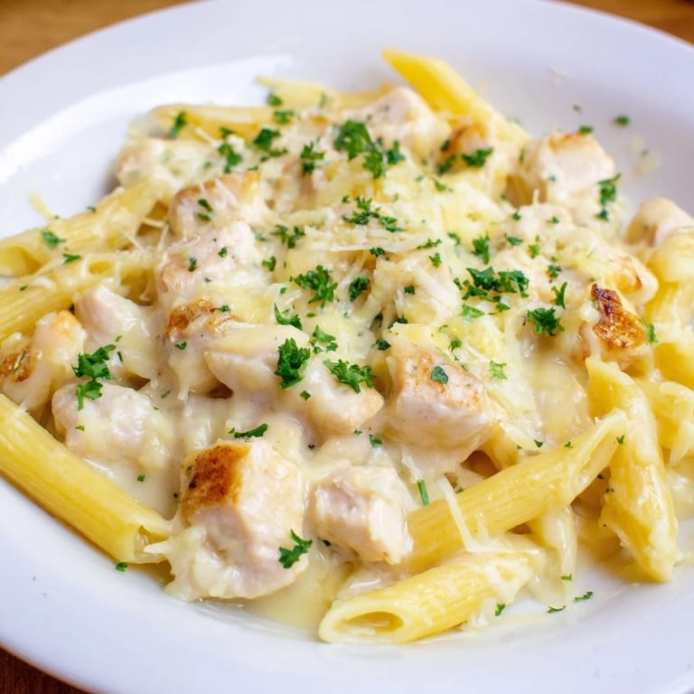 Golden-brown Chicken Alfredo Bake with tender chicken and creamy Alfredo sauce, ready to serve and enjoy.