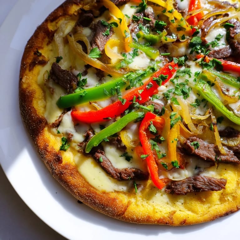 Golden-crusted Philly Cheesesteak Pizza with a generous topping of peppers, onions, and cheese offers a savory bite.