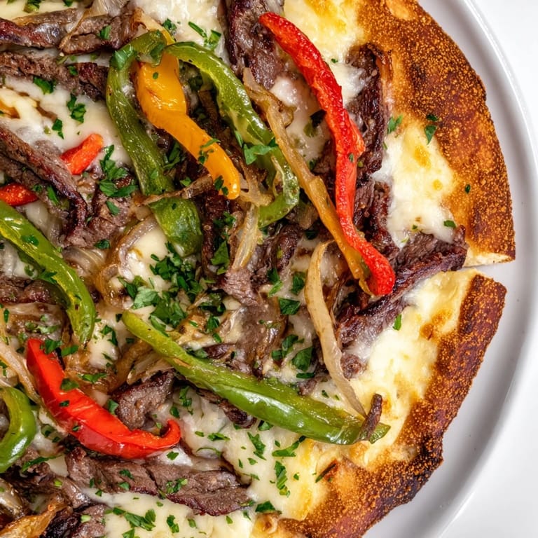 Freshly baked Philly Cheesesteak Pizza with its blend of meats and vegetables served by the slice.