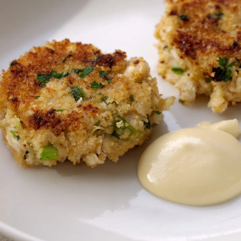 Flaky crab cakes, pan-fried to perfection, are a delicious main course with fresh herbs.