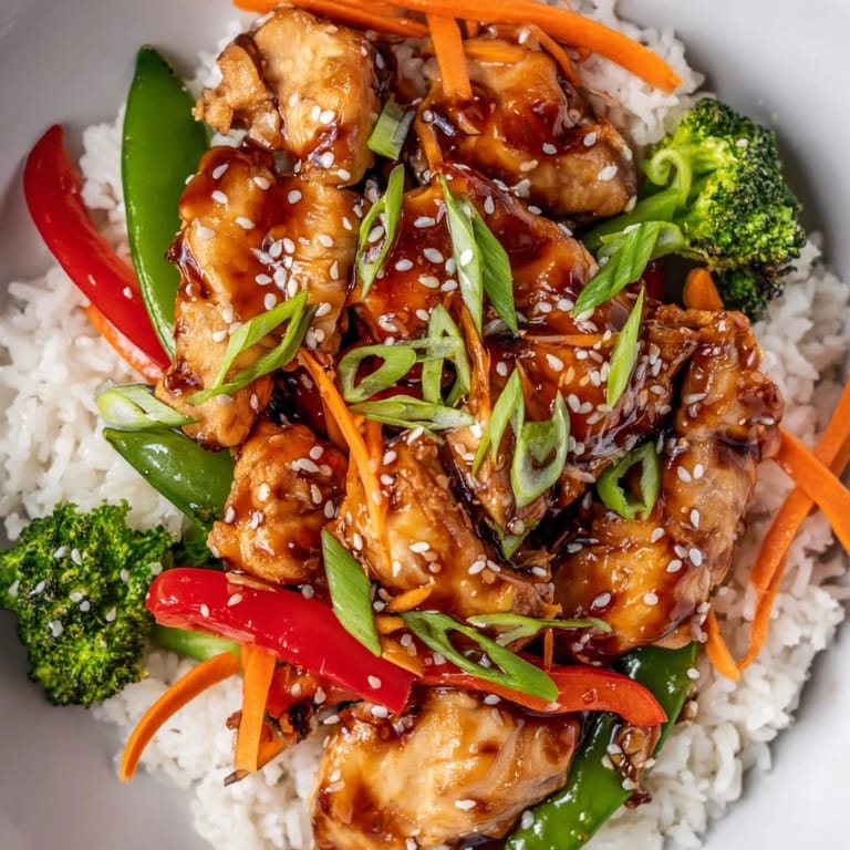 Vibrant image of a homemade teriyaki chicken bowl, showcasing colorful vegetables and glistening sauce over rice.