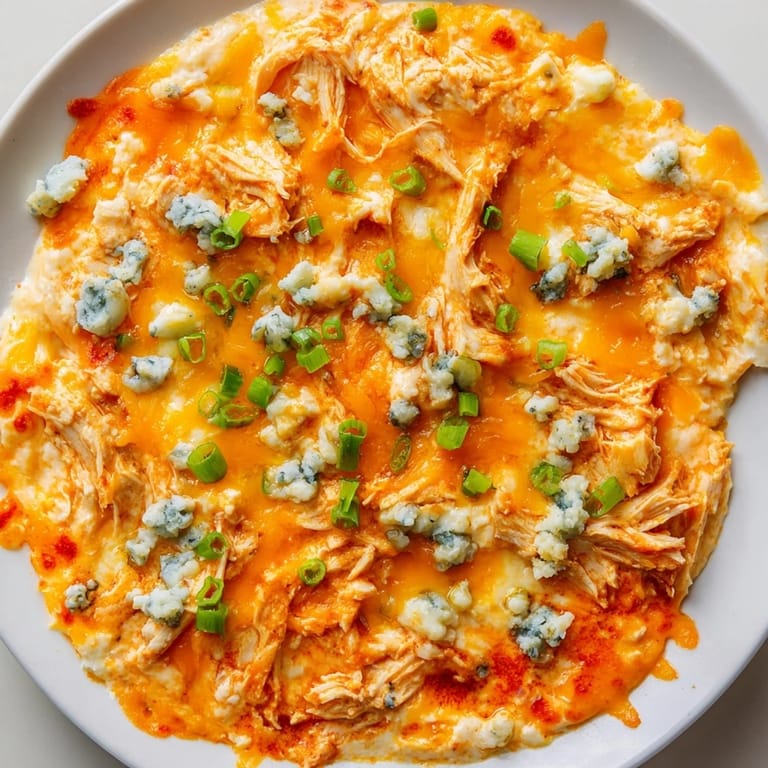 Creamy Buffalo Chicken Dip baked until golden, served with crispy tortilla chips for dipping and enjoyment.