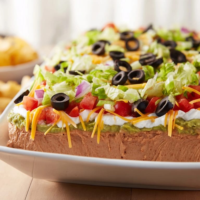 A delicious, colorful photo of Seven-Layer Dip, featuring creamy textures and fresh toppings ready to eat.