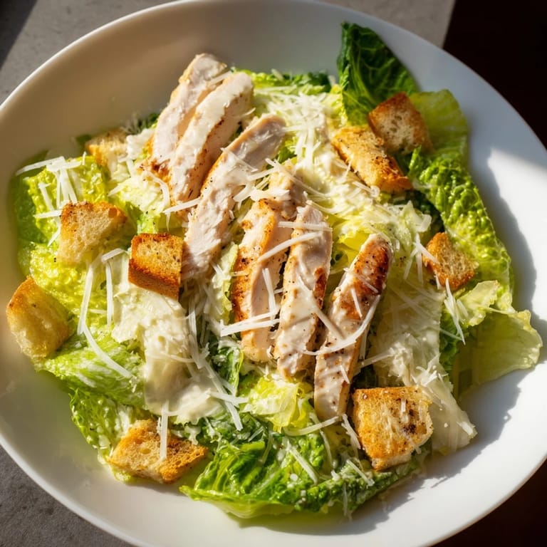 The perfect Chicken Caesar Salad: juicy grilled chicken atop a bed of fresh greens.