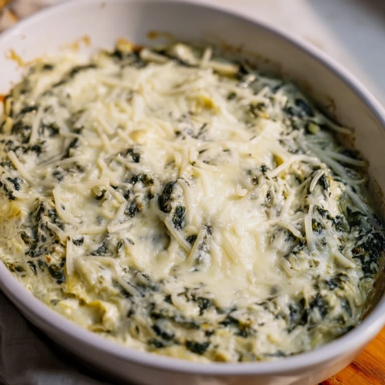 Homemade Spinach Artichoke Dip, a bubbling appetizer, perfect served with crusty bread and friends.