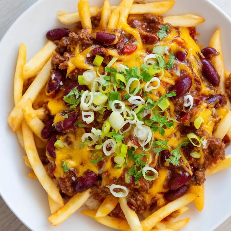 Close-up of bubbling, cheesy Chili Cheese Fries, a warm and comforting American snack to enjoy.