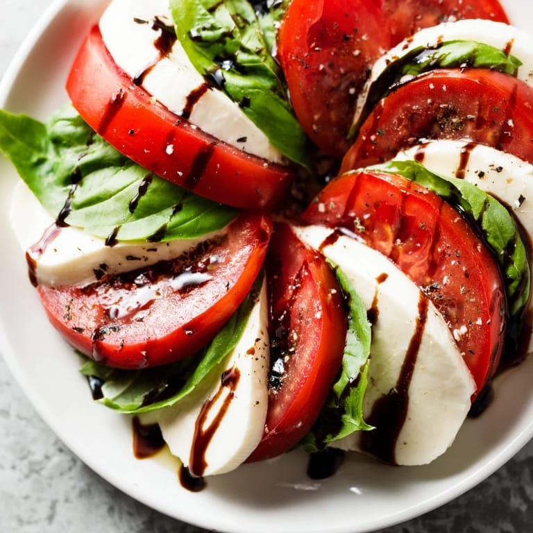 Beautifully arranged Caprese Salad slices, showcasing juicy tomatoes, perfect for a summer gathering.
