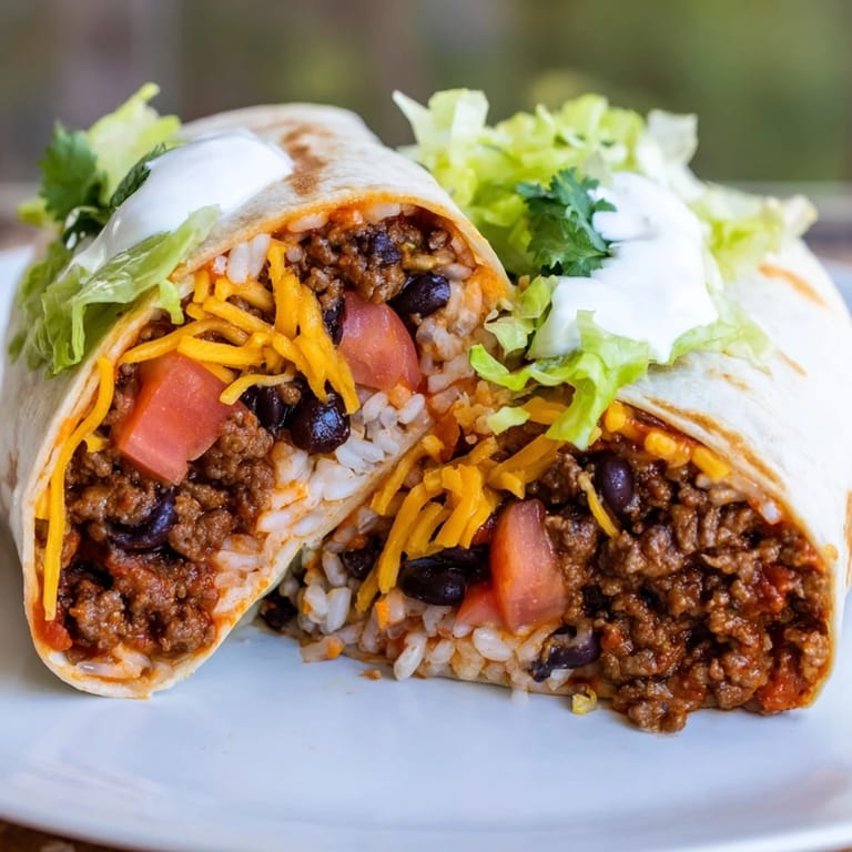 Delicious Beef Burrito, sliced in half, showing layers of seasoned beef and melted cheese.
