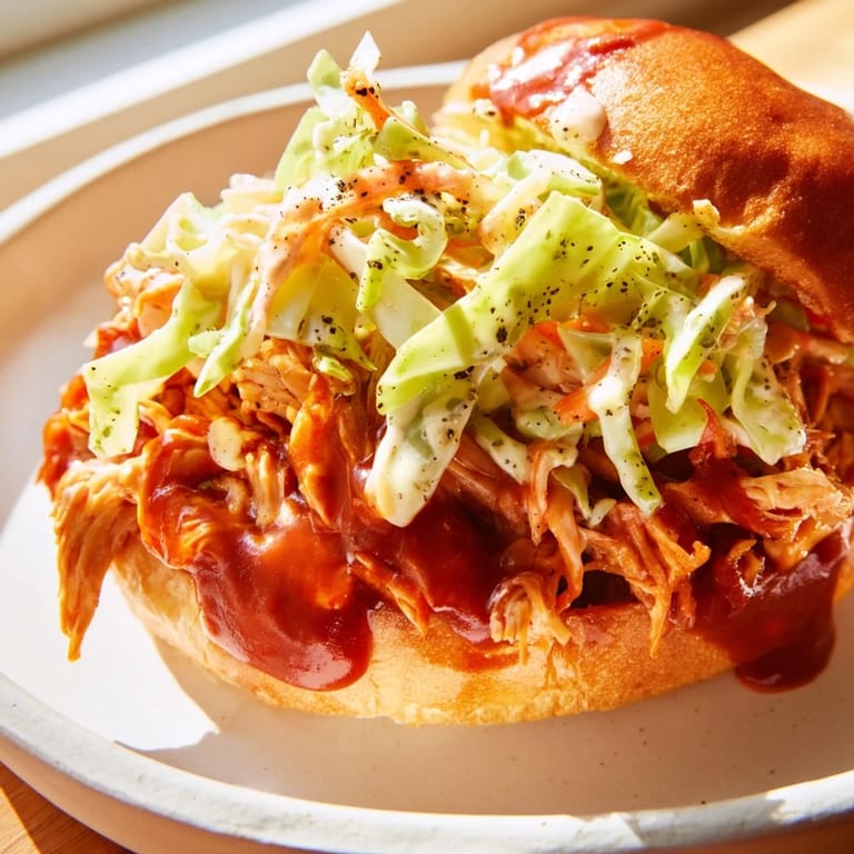 Homemade BBQ chicken sandwich, piled high with barbecue sauce and slaw, ready for a satisfying, easy meal.