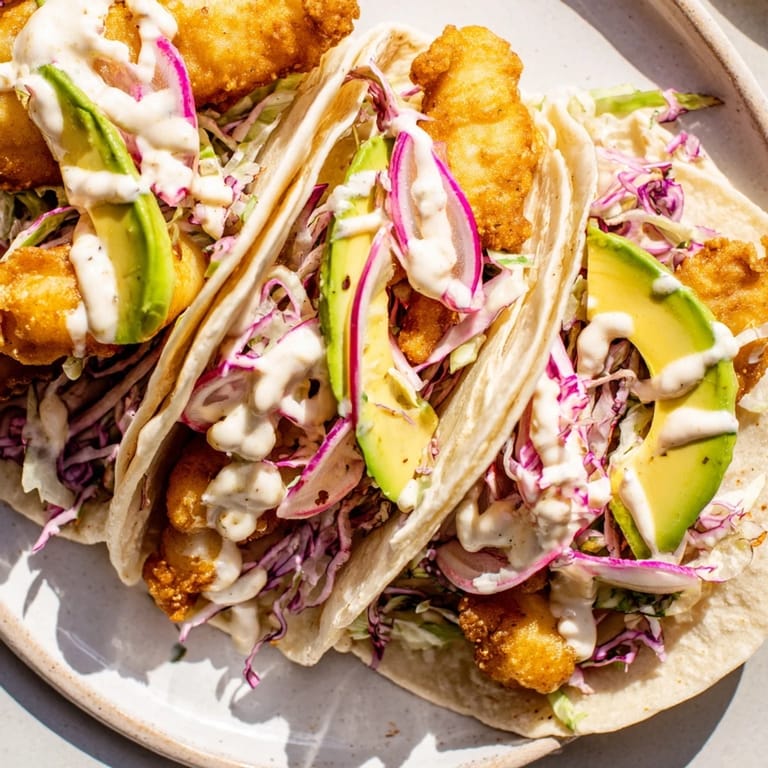 Close-up of delicious Baja fish tacos featuring battered fish, crunchy slaw, and creamy sauce, ready to eat.