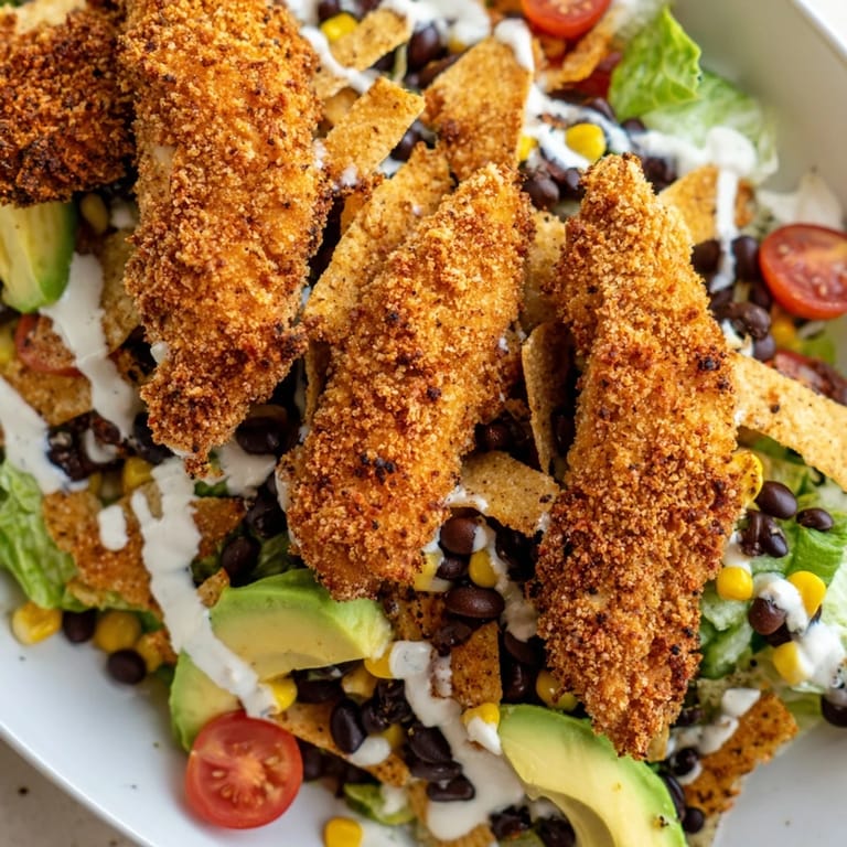 A fresh Crispy Chicken Taco Salad topped with tortilla strips, black beans, corn, avocado, and cheese.