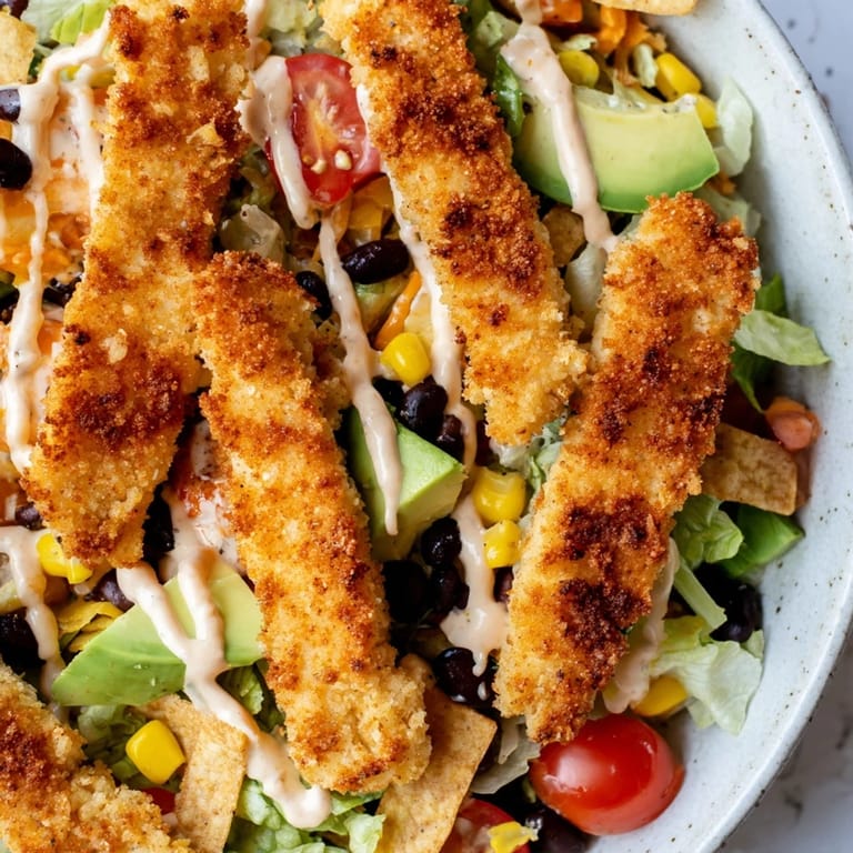 Serving suggestion for Crispy Chicken Taco Salad with lime wedges, red onion, and creamy salsa ranch dressing.