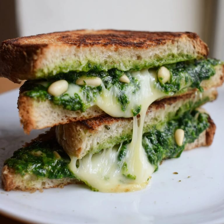 Two golden spinach pesto grilled cheese sandwiches on a cutting board, perfect for a quick, vegetarian lunch.