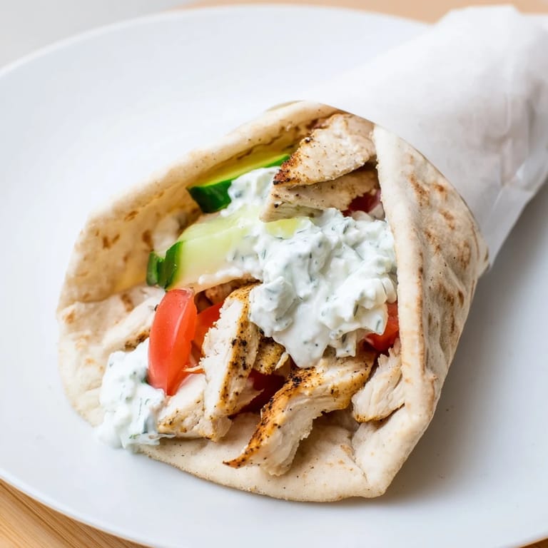 A close-up view of a Greek Chicken Wrap, ready to eat with vibrant colors and Mediterranean ingredients.