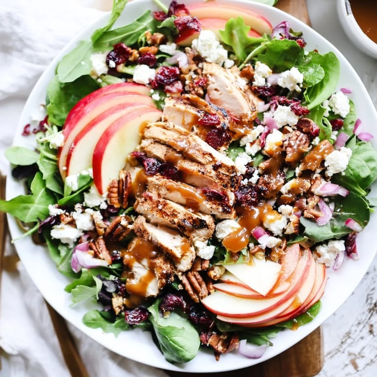 Autumn-inspired Caramel Apple Chicken Salad features golden candied pecans and dried cranberries on a vibrant bed of greens.