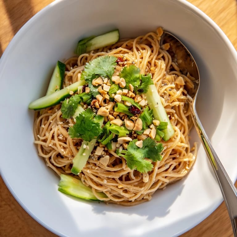 Close-up of Asian-inspired spicy sesame noodle salad with julienned cucumbers and fresh herbs.