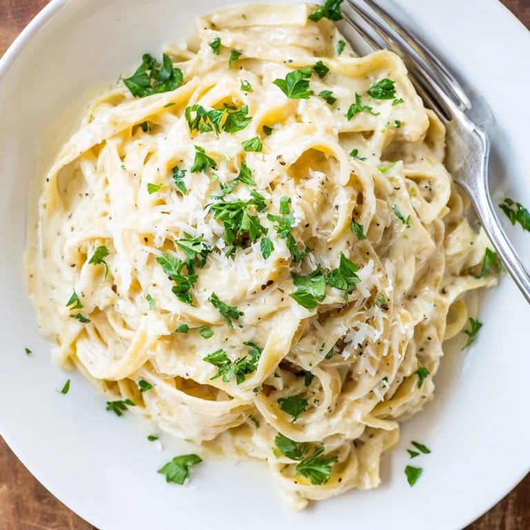 Freshly grated Parmesan and chopped parsley garnish a bowl of steaming Roasted Garlic Cream Pasta, perfect for a cozy dinner.