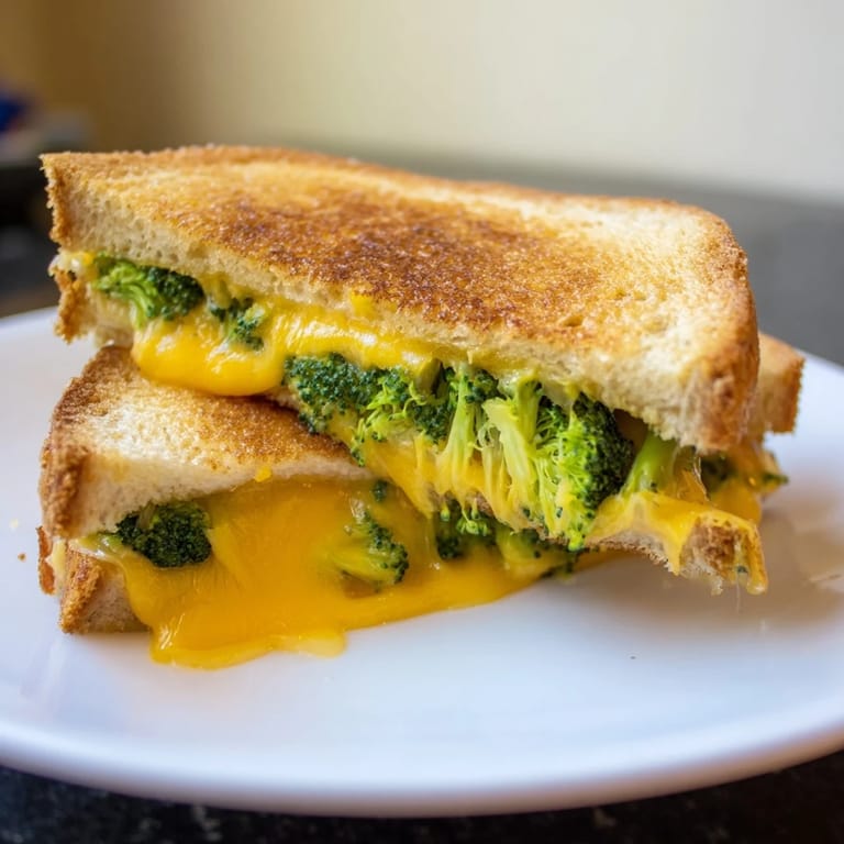 Savory Roasted Broccoli & Cheddar Grilled Cheese on crispy whole wheat bread, served warm and ready to dip into a bowl of tomato soup.