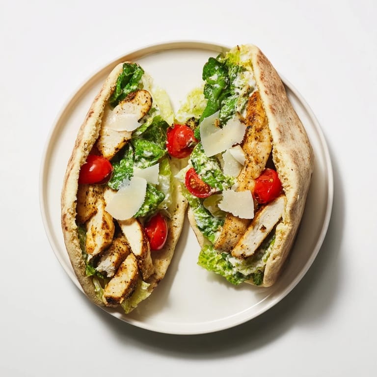 A close-up of sliced, herbed chicken Caesar pitas on a rustic wooden board.