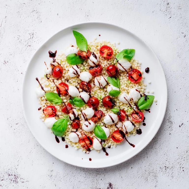 Fresh Caprese Couscous Salad served on a white plate with torn basil leaves.