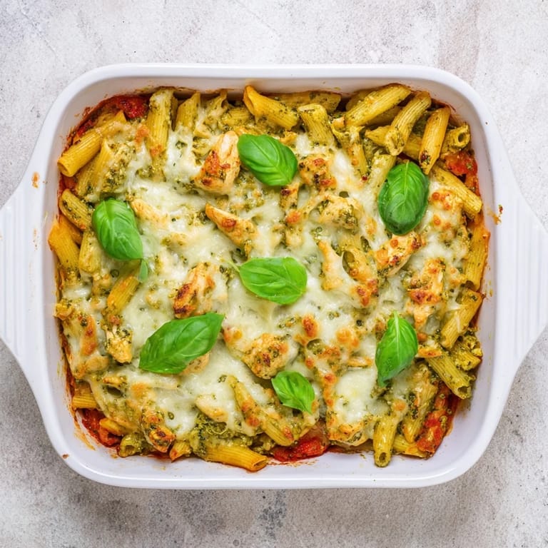 Savory Pesto Chicken Pasta Bake served family-style, featuring tender diced chicken and rich marinara sauce topped with Parmesan and fresh basil.