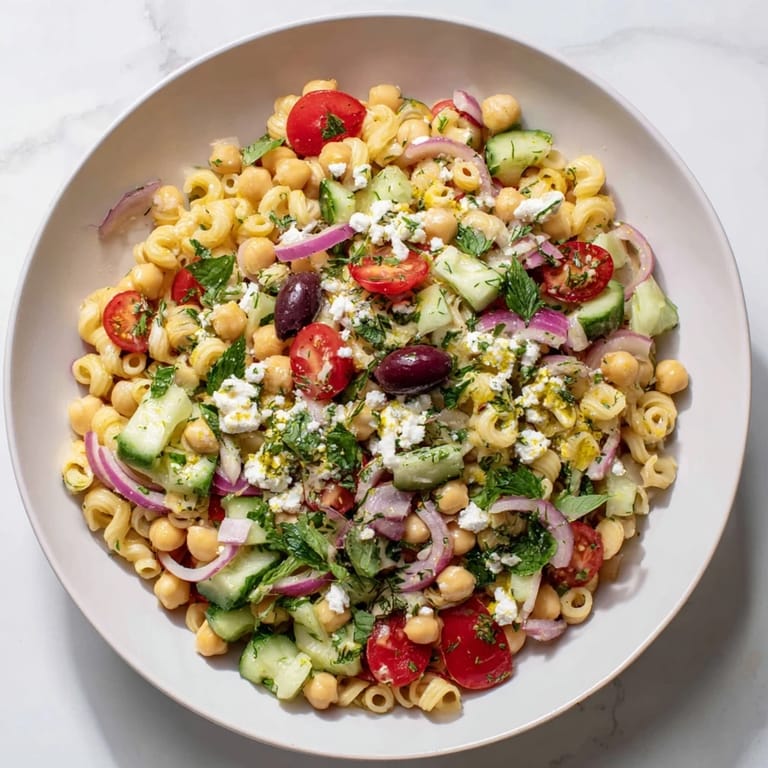 Colorful Mediterranean-inspired Lemon Herb Chickpea Pasta Salad tossed with olives and feta, drizzled with zesty lemon dressing for a summer picnic.