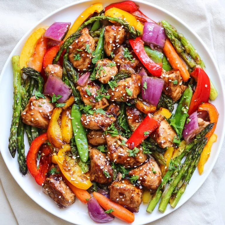 Colorful pieces of bell pepper, asparagus, and carrots mingle with juicy chicken in a honey garlic sauce on a parchment-lined sheet pan.