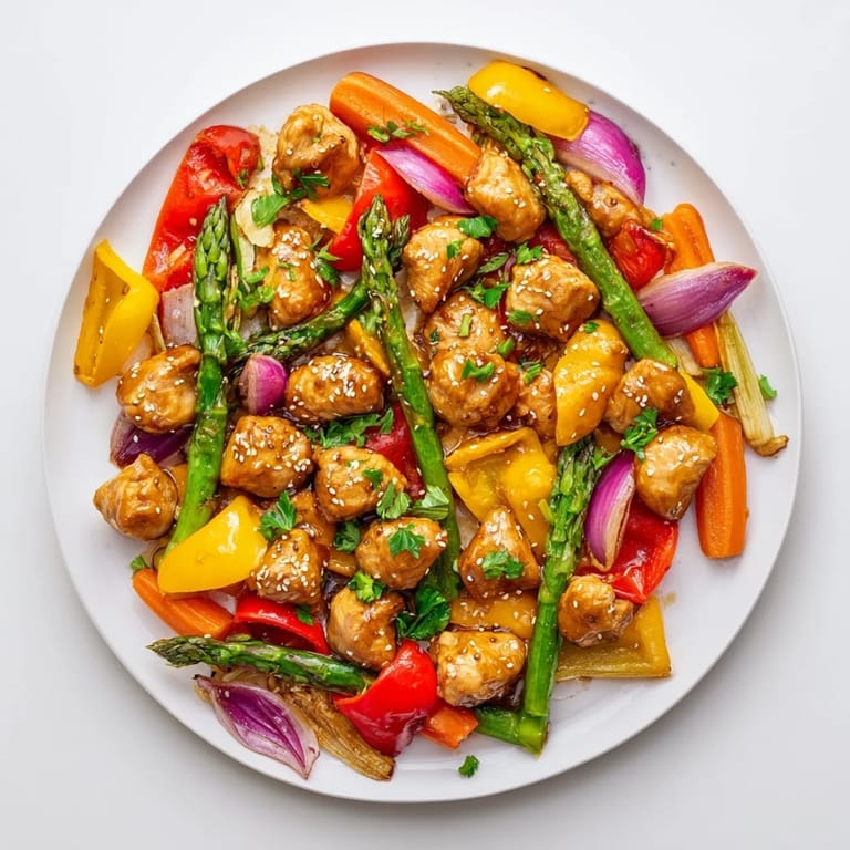 Garnished with fresh parsley and optional sesame seeds, this sheet pan honey garlic chicken and vegetables is a vibrant, weeknight-friendly main dish.