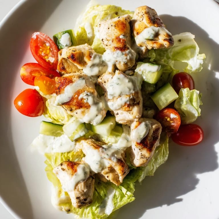 A close-up shows tender chicken tossed with ranch dressing, cherry tomatoes, and red onion in Jalapeño Ranch Chicken Salad.