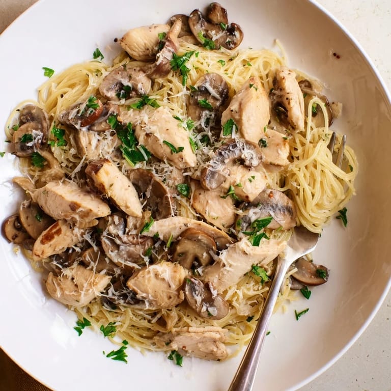 Golden chicken strips and sliced mushrooms mingle with skinny spaghettini in a rich Parmesan cream sauce, garnished with fresh parsley for a comforting Italian-inspired meal.