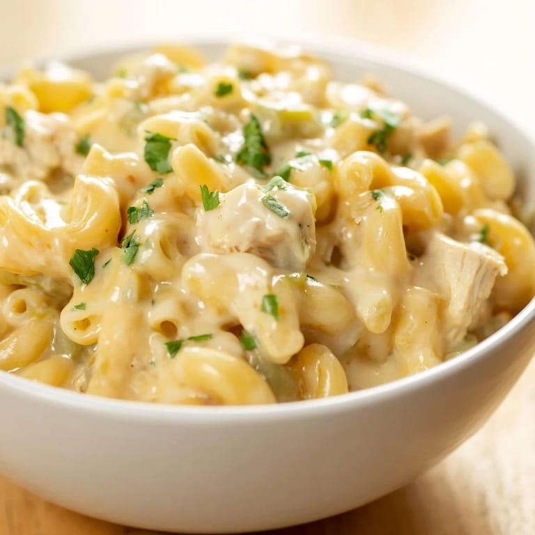 Green Chili Chicken Mac served in a skillet, topped with fresh cilantro and jalapeño slices.  