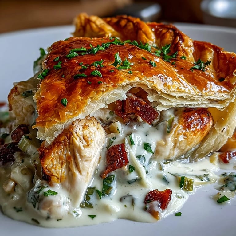 A freshly baked Chicken and Leek Pie rests on a wooden table, garnished with fresh parsley.