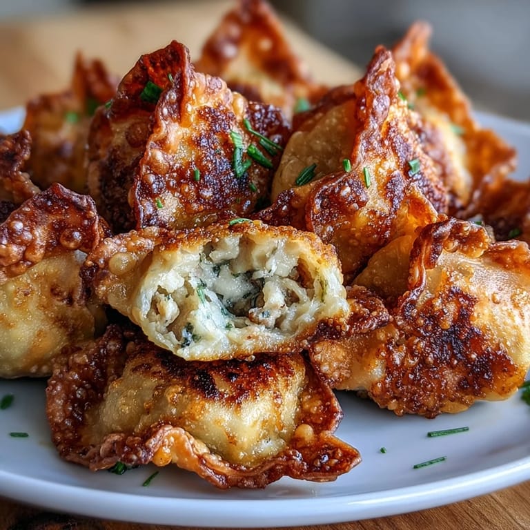 Close-up of smashed gyozas served with a small dipping sauce bowl garnished with sesame seeds.  
