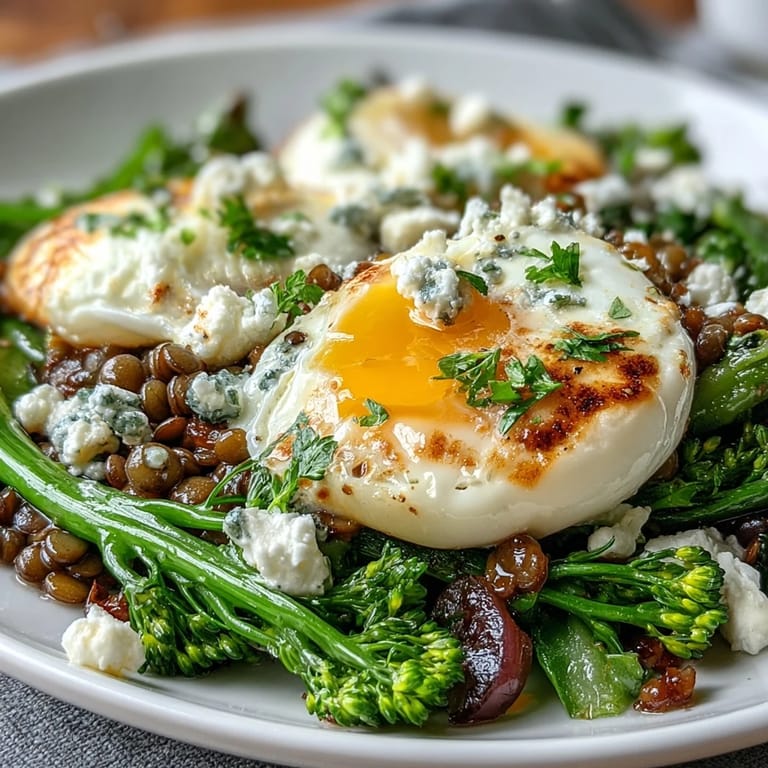 Bright green blanched broccolini and bright orange egg yolks top this warm French Lentil Salad, creating a colorful and nutritious vegetarian meal.  