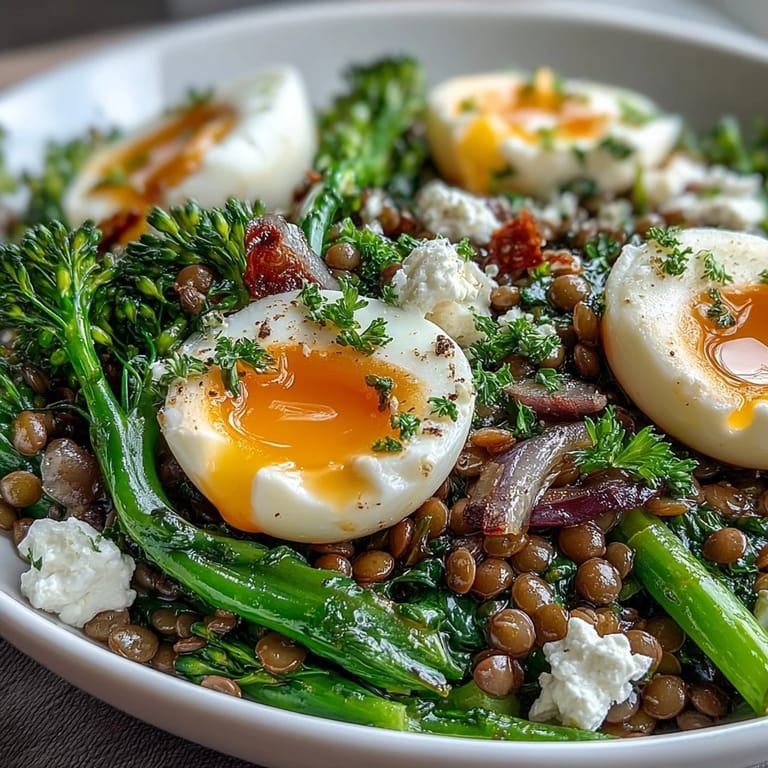 Served on a rustic plate, the French Lentil Salad features crisp-tender broccolini, creamy soft-cooked eggs, and a zesty mustard vinaigrette.