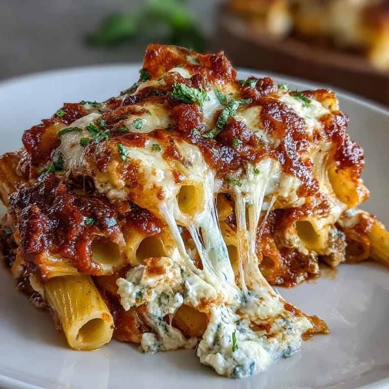 The prepared Freezer Make-Ahead Baked Ziti before baking, featuring layers of pasta, ricotta, and tomato sauce in a freezer-safe dish.