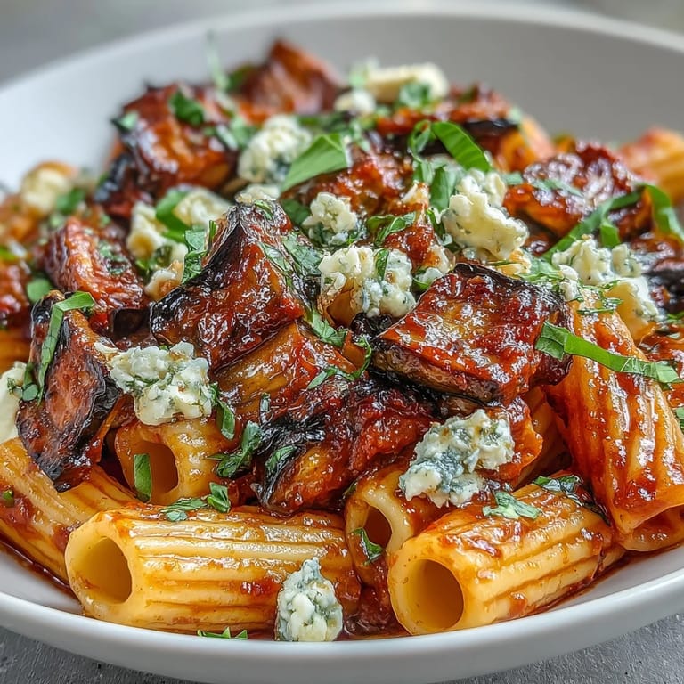 Vibrant Pasta alla Norma served steaming hot, topped generously with fluffy ricotta salata cheese.