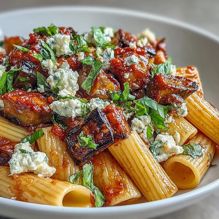 A rustic bowl overflowing with Pasta alla Norma, showcasing tender eggplant and fresh basil garnishes.