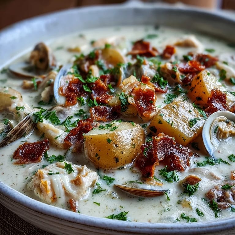 Spoon lifting rich New England Clam Chowder with bacon bits from a hearty bowl, served with crusty bread.