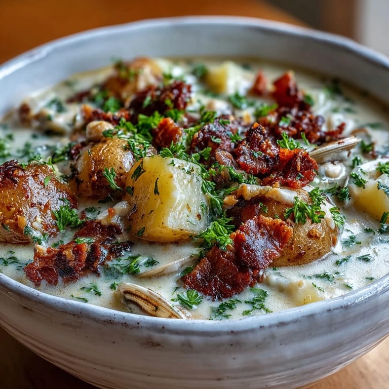 Steam rises from a bowl of New England Clam Chowder, loaded with tender clams and diced potatoes.