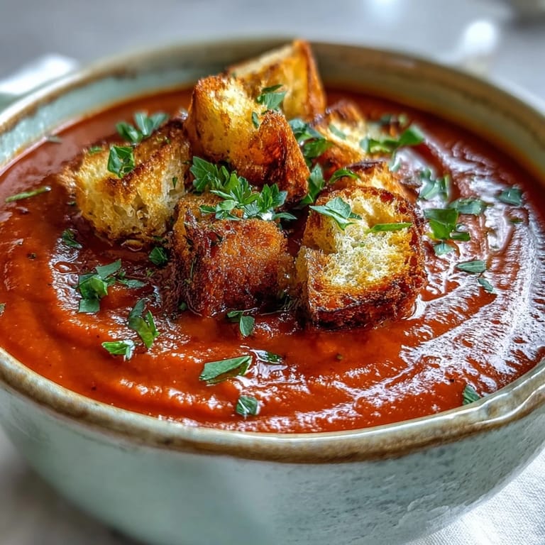 Vibrant roasted red pepper soup with crispy croutons garnished with fresh herbs, served alongside a spoon for a comforting meal.