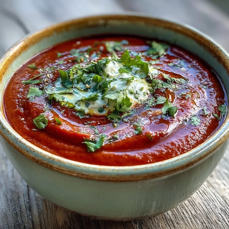 Vibrant roasted red pepper soup topped with herbs, served alongside a glass of white wine.